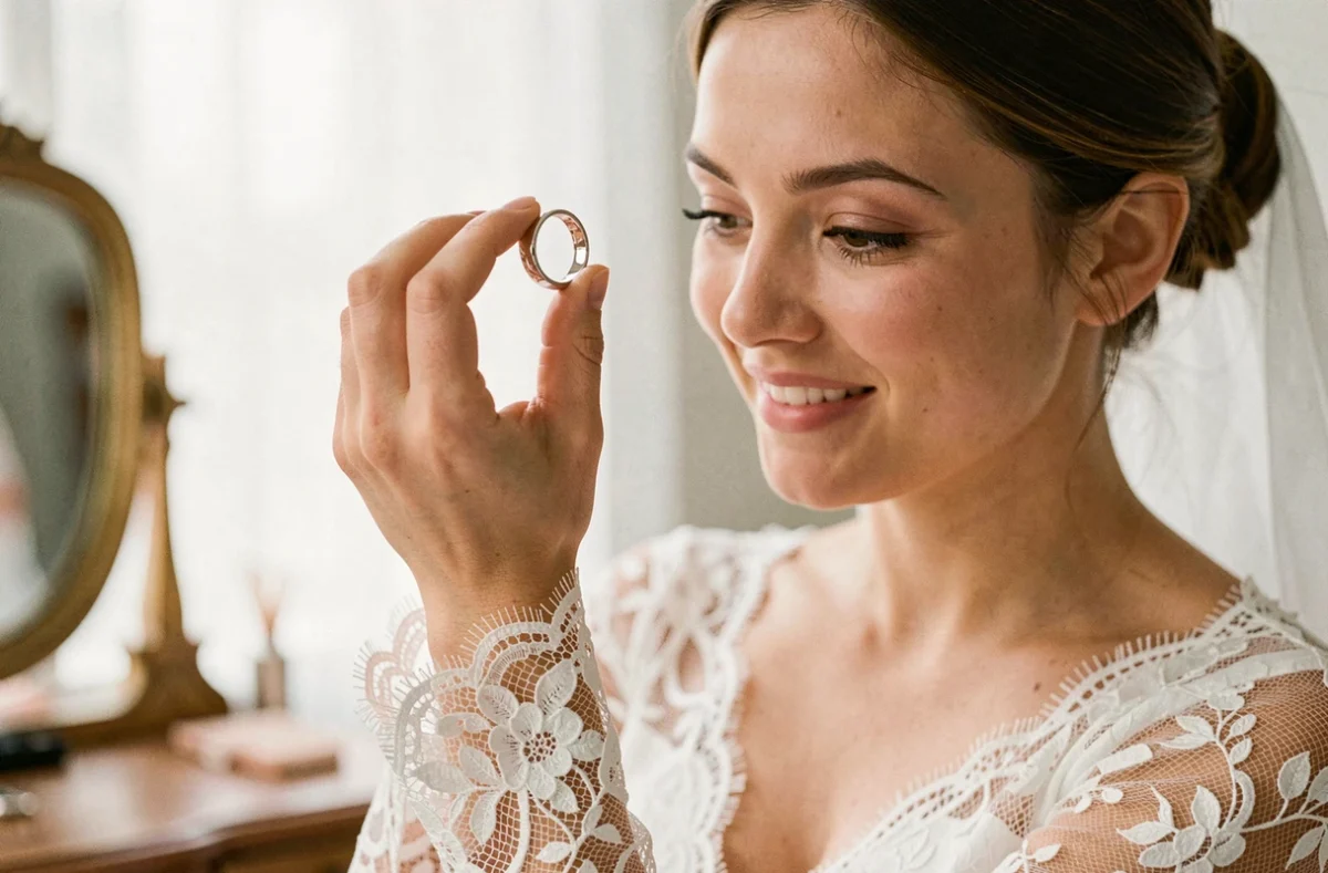 Mariée en robe blanche inspectant une bague en argent nettoyée et brillante le matin de son mariage