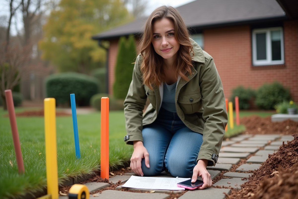 Jeune femme marquant la propriété dans son jardin