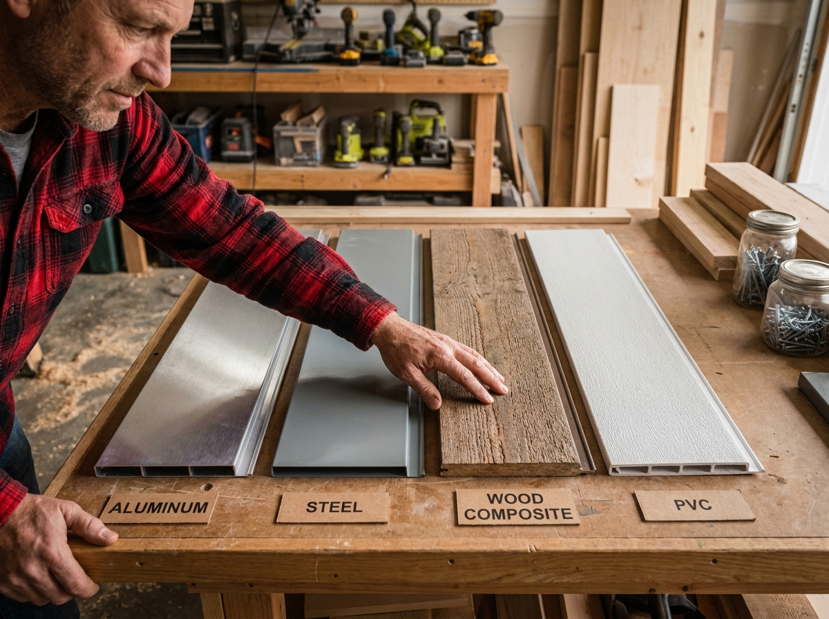 Échantillons de matériaux pour porte de garage en aluminium, acier, bois composite et PVC sur un établi