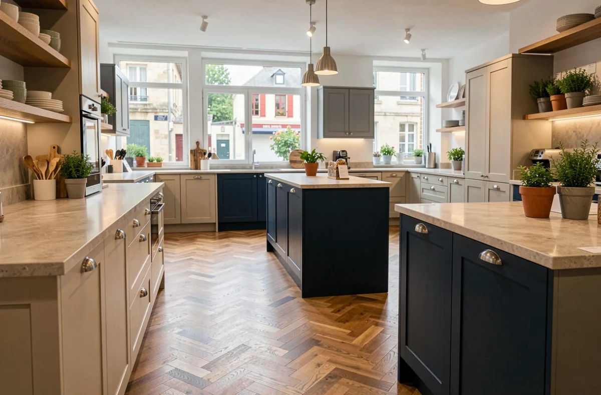 Showroom de cuisinistes dans la Vienne avec plusieurs configurations de cuisines modernes exposées