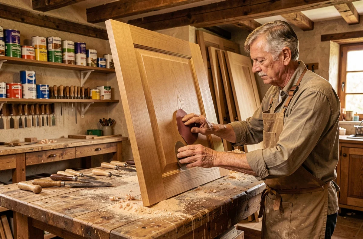 Artisan menuisier de la Menuiserie Chauvinoise dans la Vienne ponçant une porte de cuisine en chêne massif
