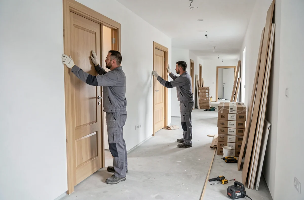 Équipe des Menuiseries Parisiennes installant des portes intérieures en bois dans un immeuble neuf en région parisienne