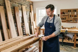 Menuisier professionnel mesurant un cadre de porte en bois dans un atelier artisanal du Val-d'Oise