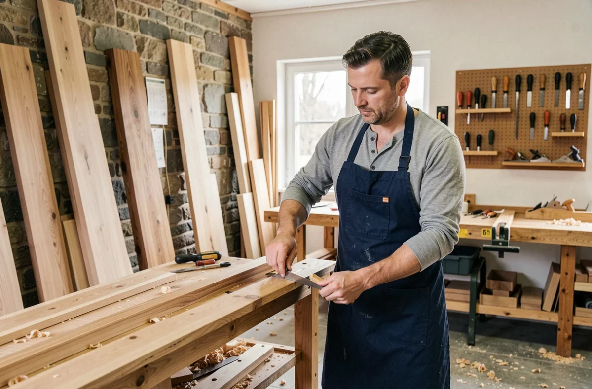 Menuisier professionnel mesurant un cadre de porte en bois dans un atelier artisanal du Val-d'Oise