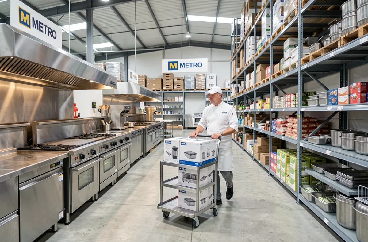 Professionnel de la restauration dans le METRO de Poitiers choisissant du matériel de cuisine professionnel