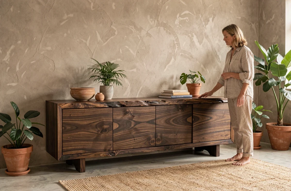 Femme admirant un meuble buffet en bois exotique wengé dans un salon contemporain au décor naturel et chaleureux