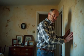 Homme d'âge moyen touchant un mur humide et décoloré intérieur
