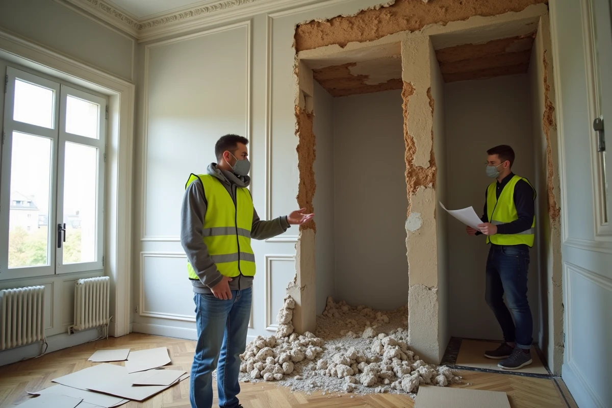 Ouvriers identifiant un mur de refend en pierre dans un appartement haussmannien en cours de rénovation à Paris