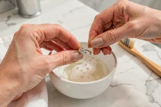 Femme nettoyant une bague en argent avec une brosse douce et de l'eau savonneuse sur un plan de travail en marbre