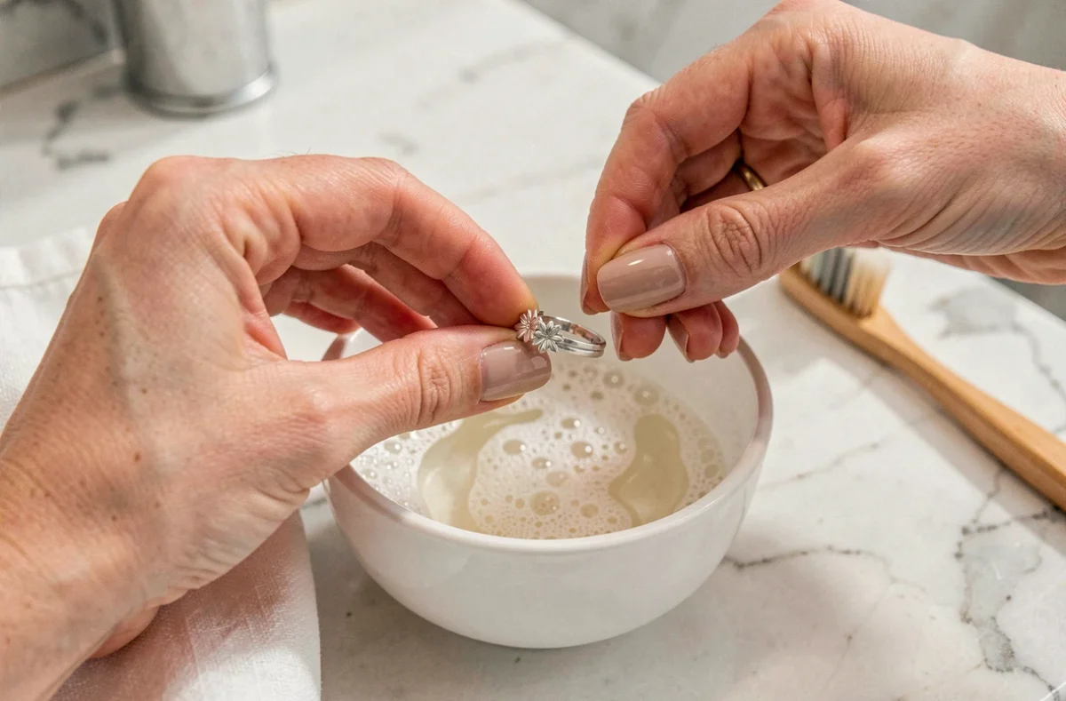 Femme nettoyant une bague en argent avec une brosse douce et de l'eau savonneuse sur un plan de travail en marbre