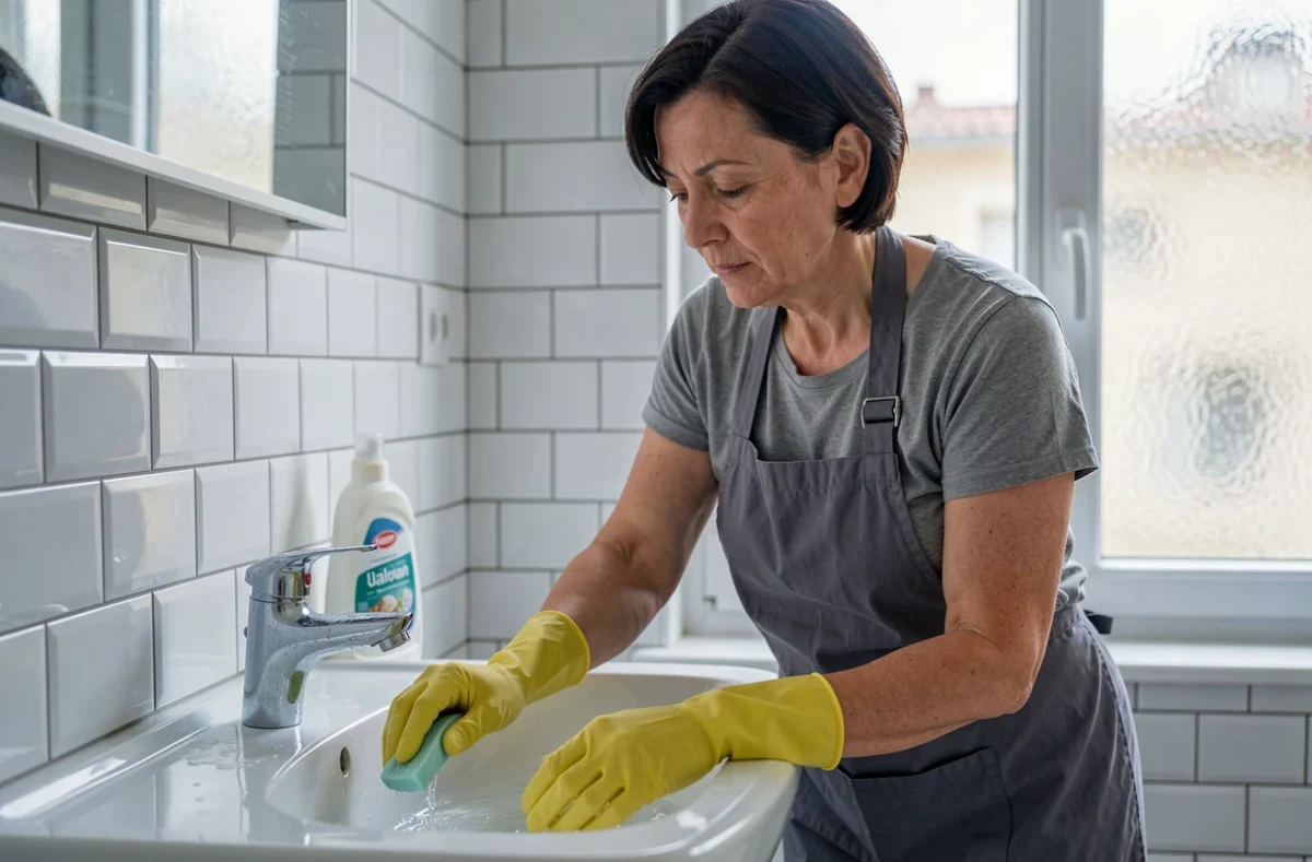 Femme de ménage portant des gants en caoutchouc nettoyant un lavabo de salle de bain dans un appartement montpelliérain