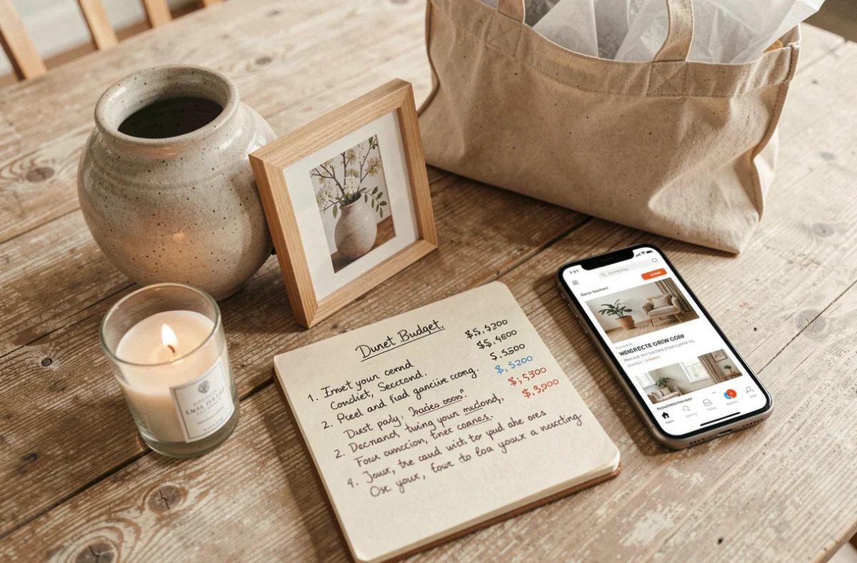Objets de décoration soigneusement sélectionnés posés sur une table avec un carnet de budget et un smartphone affichant un site de décoration