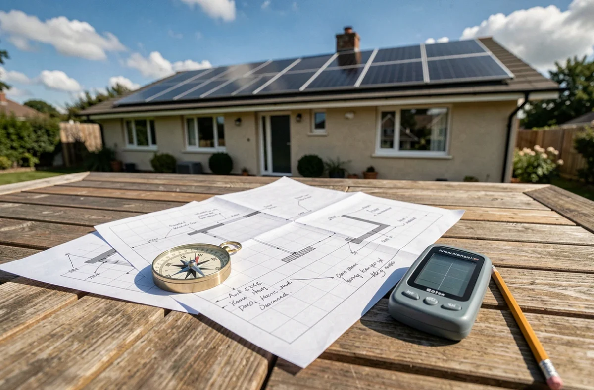 Boussole, plan architectural et appareil de mesure d'irradiance posés sur une table en bois pour planifier l'exposition optimale de panneaux solaires