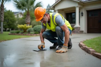 Ouvrier en vestiaire haute visibilité inspectant une dalle de béton