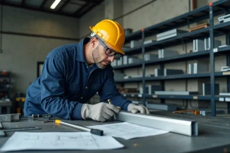 Ouvrier industriel mesurant un tube en aluminium rectangulaire sur mesure dans un atelier métallurgique