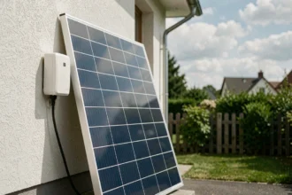 Panneau solaire plug and play installé contre un mur de maison résidentielle avec onduleur et prise électrique extérieure