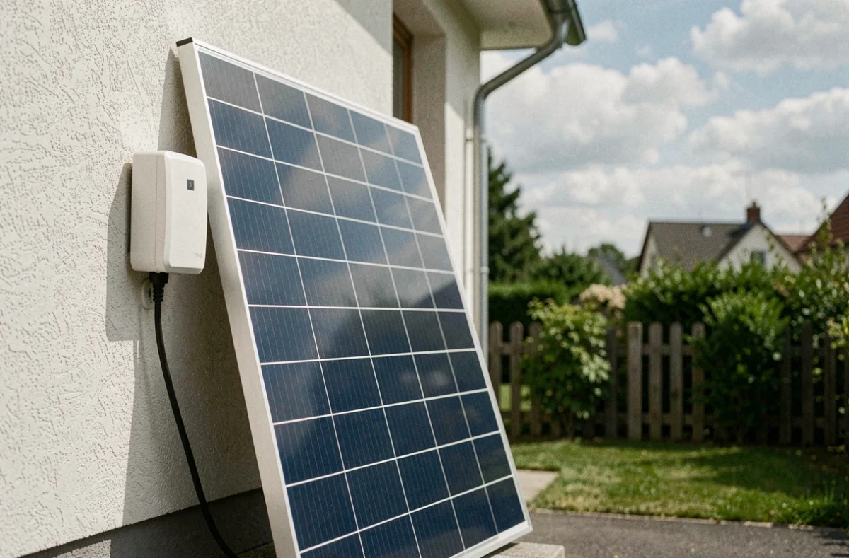 Panneau solaire plug and play installé contre un mur de maison résidentielle avec onduleur et prise électrique extérieure