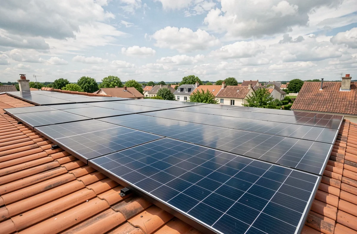 Panneaux photovoltaïques monocristallins installés sur un toit résidentiel en tuiles avec vue sur un quartier pavillonnaire