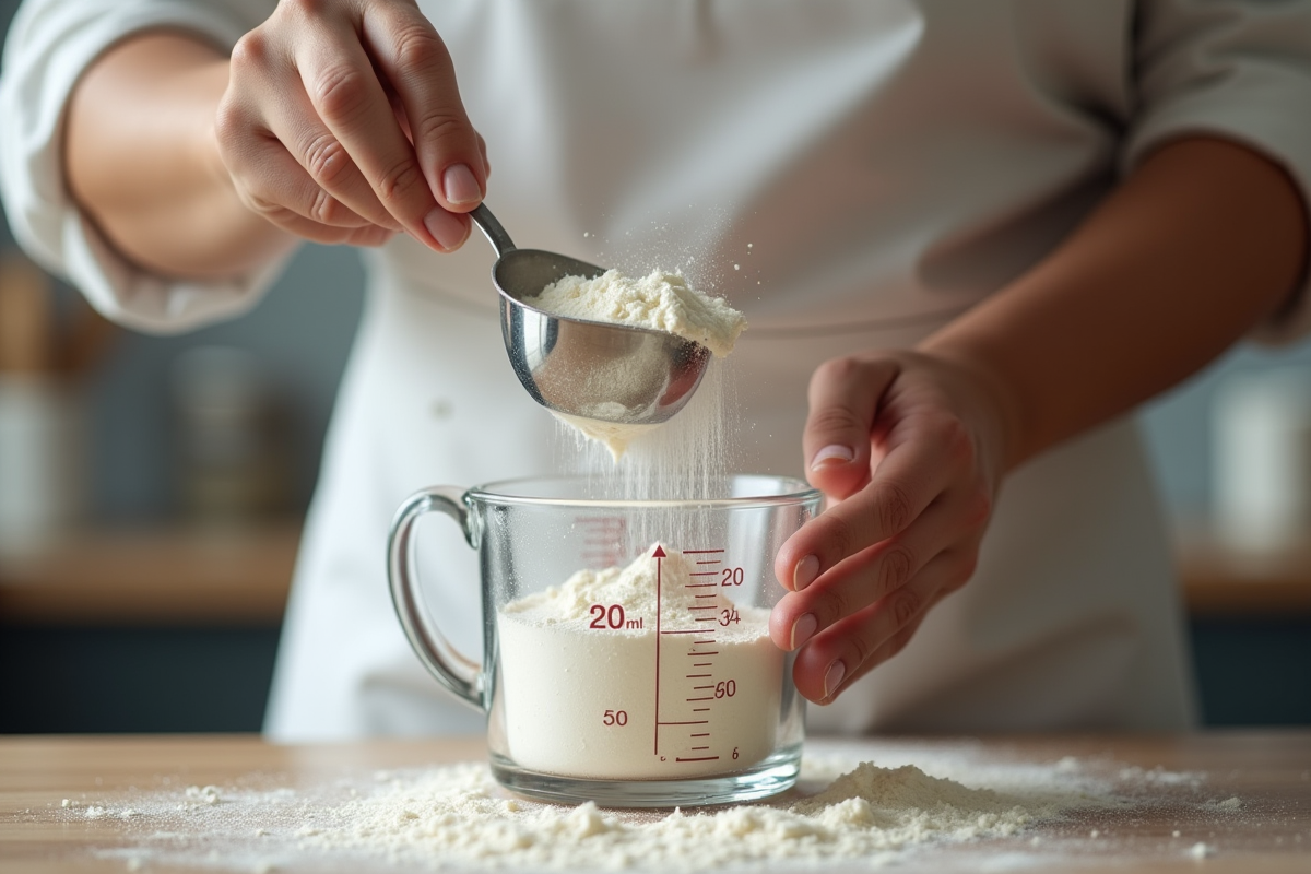 Mains d’un boulanger versant de la farine dans un verre