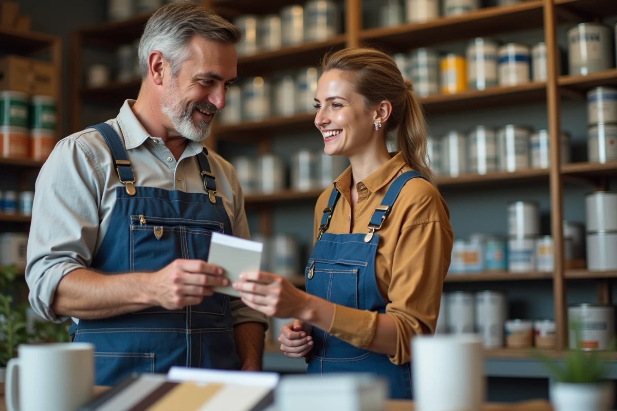 Homme en overalls consulte un échantillon de peinture avec une vendeuse