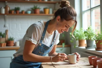 Femme souriante peignant des mugs en céramique à la maison