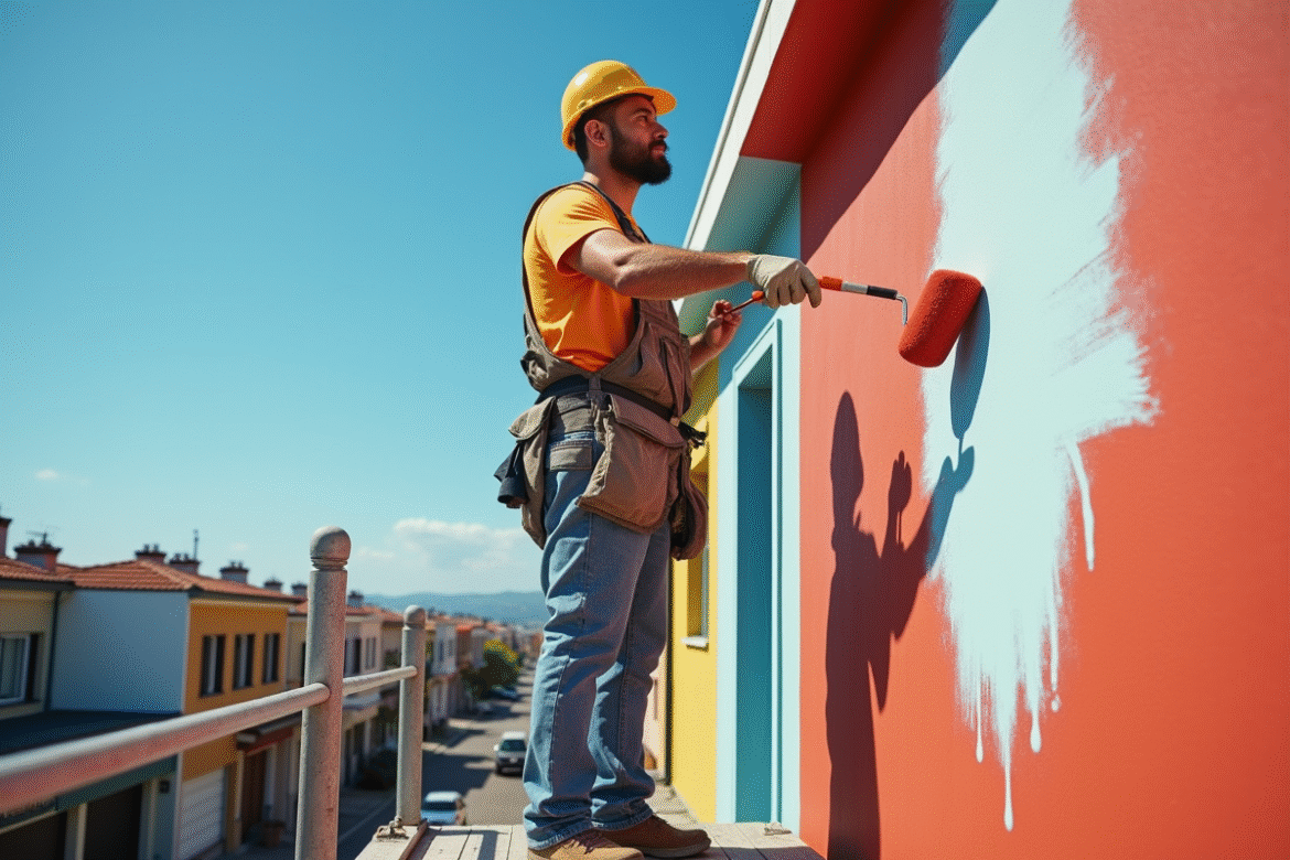 Peintre appliquant une peinture vive sur une façade moderne