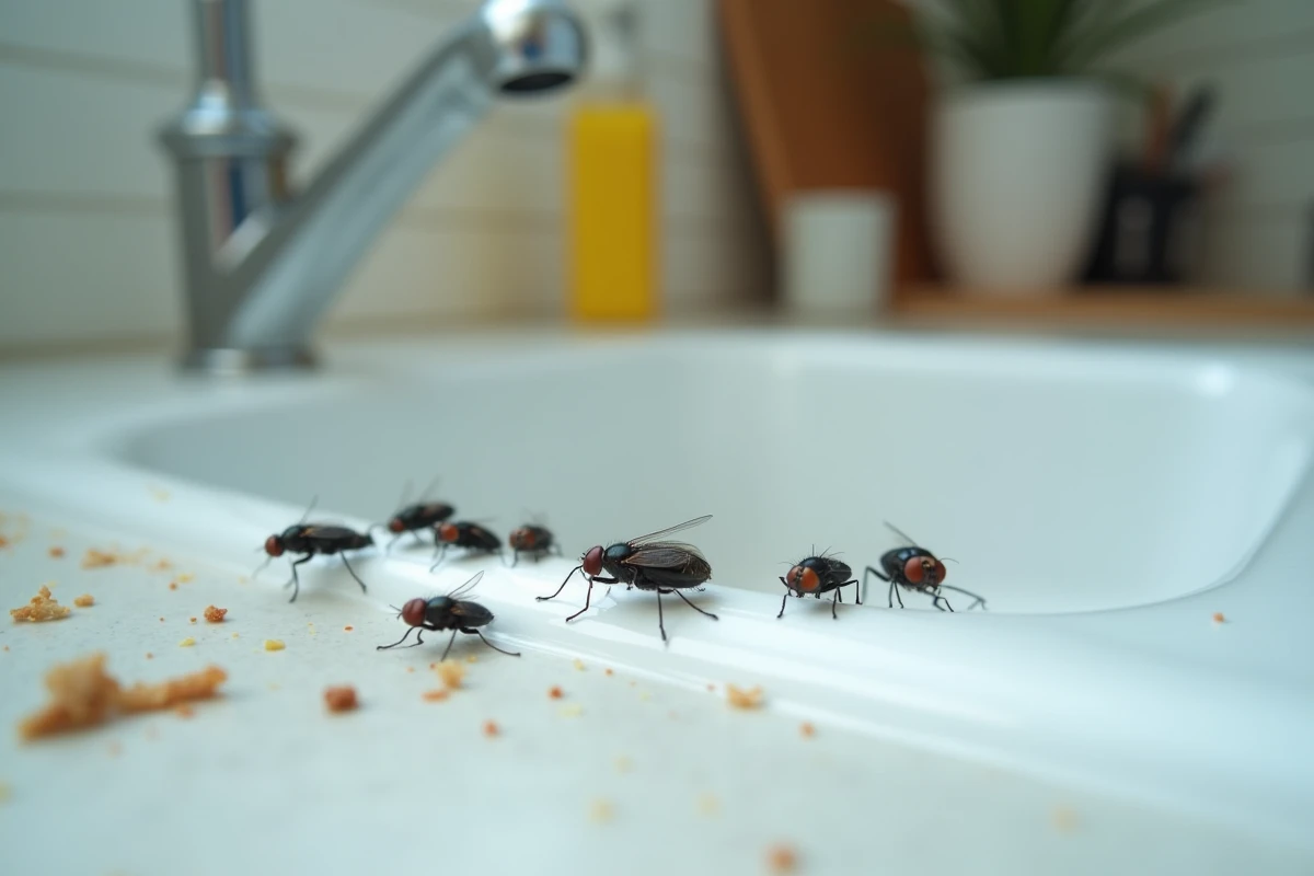 Petits insectes noirs sur l'évier de cuisine, infestation domestique visible de près