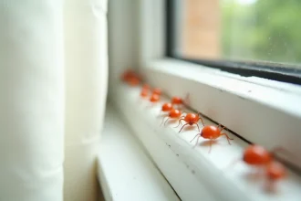 Gros plan macro sur des petits insectes rouges regroupés sur le bord d'un cadre de fenêtre en bois blanc à l'intérieur d'une maison