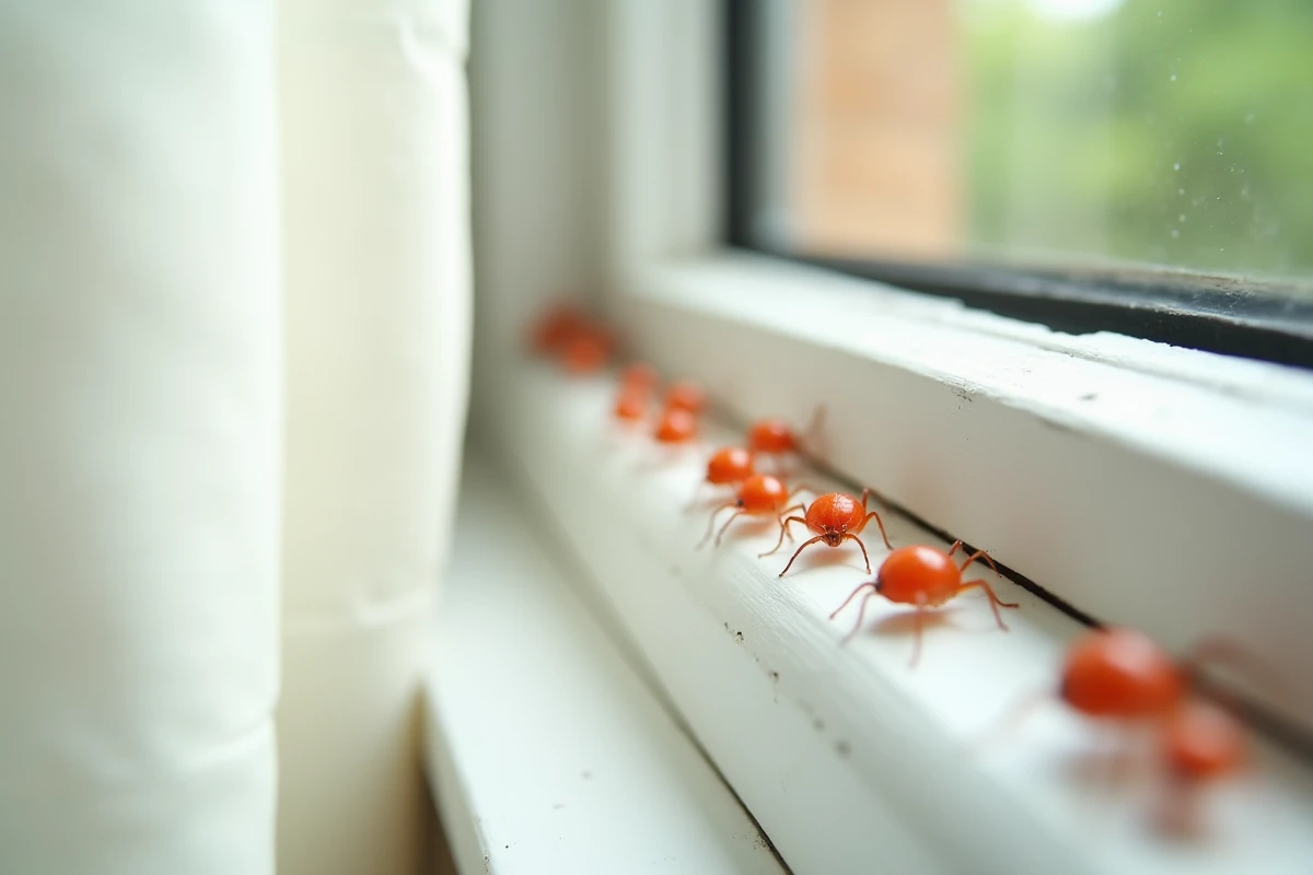 Gros plan macro sur des petits insectes rouges regroupés sur le bord d'un cadre de fenêtre en bois blanc à l'intérieur d'une maison