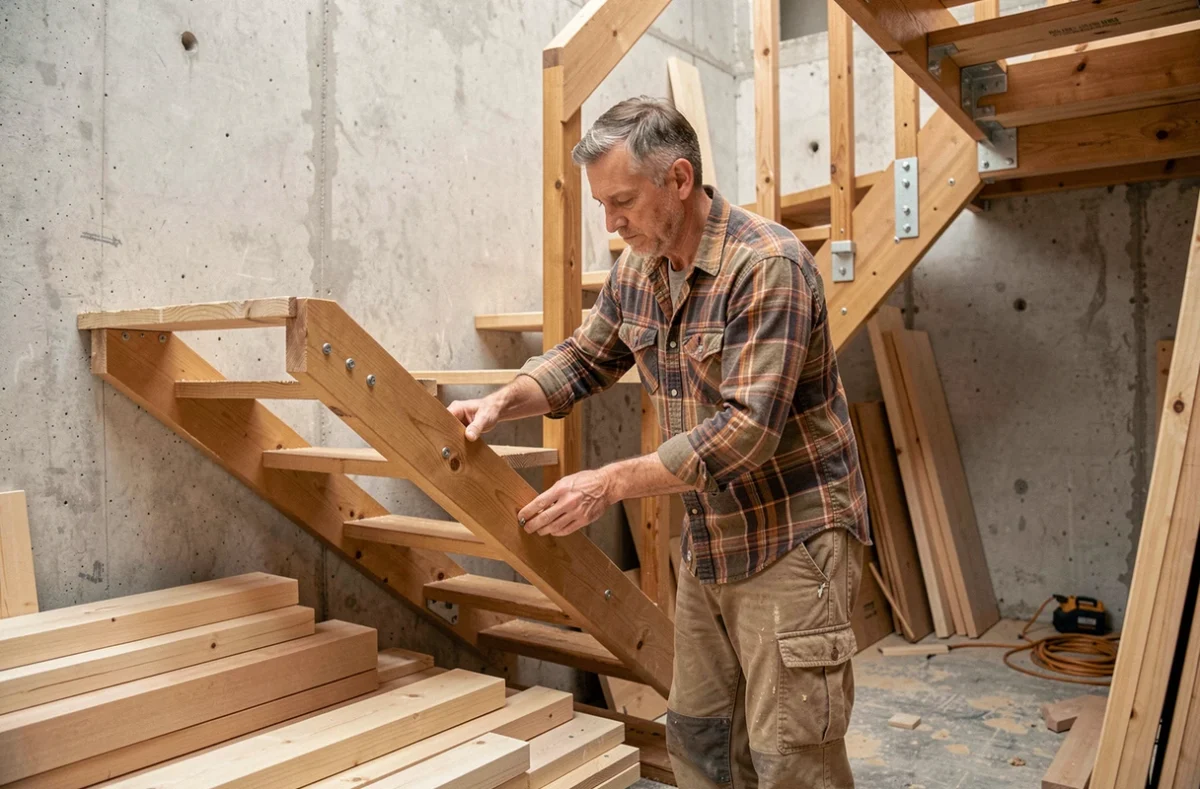Philippe Meunier menuisier assemblant un escalier en bois sur un chantier résidentiel en Île-de-France