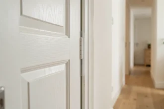 Pince doigt discrète en silicone translucide installée sur le bord charnière d'une porte intérieure blanche dans un couloir d'appartement moderne