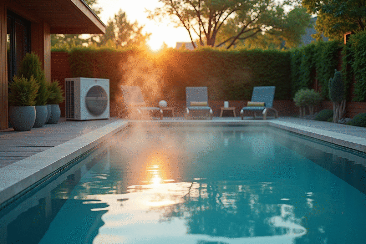 Piscine moderne au lever du jour avec pompe à chaleur à côté