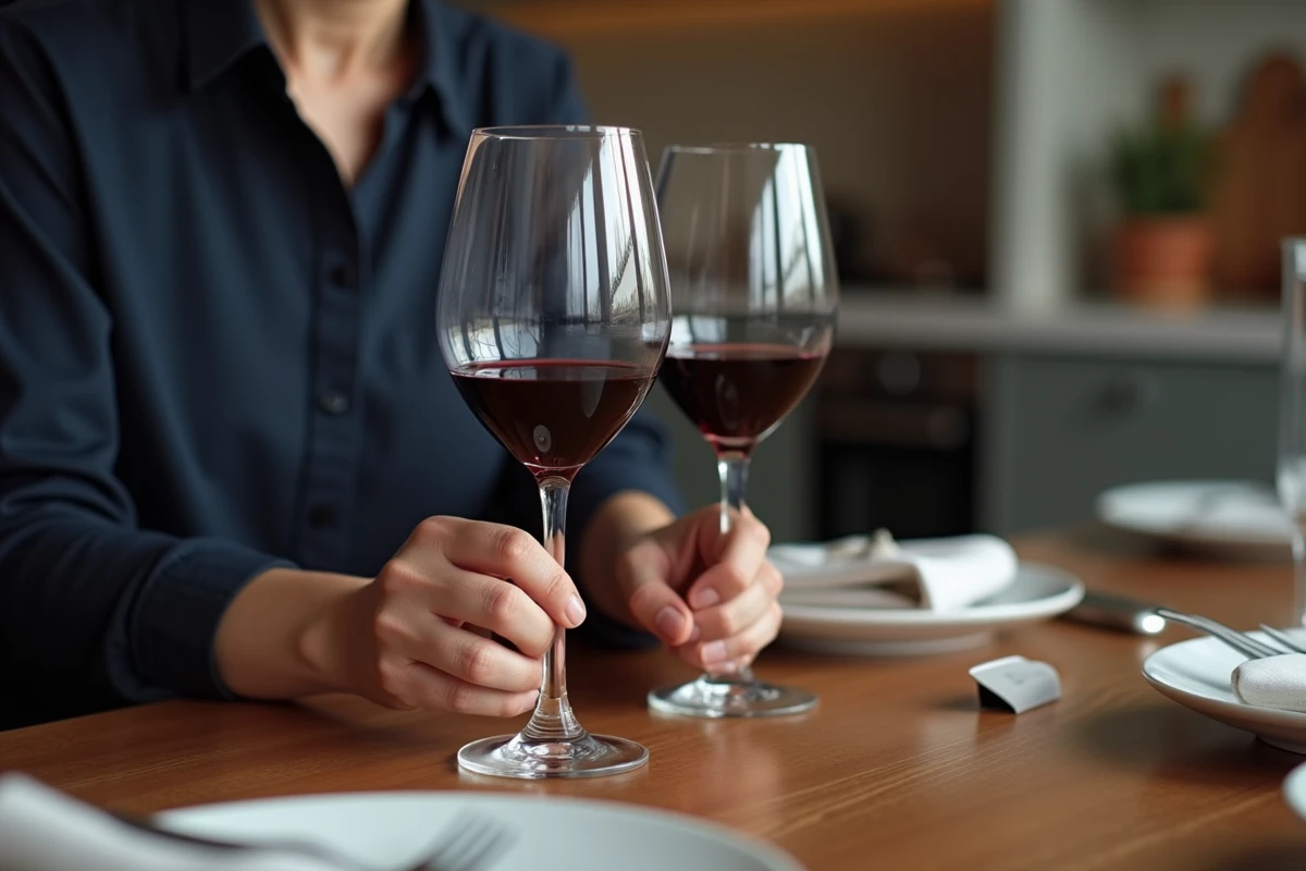 Femme plaçant un verre à vin rouge à côté d'un verre à vin blanc lors du dressage d'une table pour un dîner à la maison