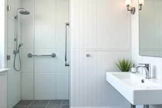 Plaques PVC blanches installées autour d'une douche italienne dans une salle de bain moderne et épurée