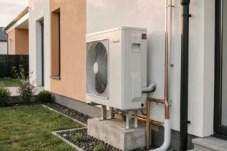 Pompe à chaleur Auer HRC70 25 kW installée sur la façade extérieure d'une maison individuelle moderne avec tuyaux de raccordement en cuivre