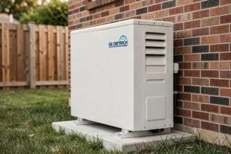 Pompe à chaleur air-eau De Dietrich Alezio S V200 installée en extérieur sur plot béton contre un mur de briques