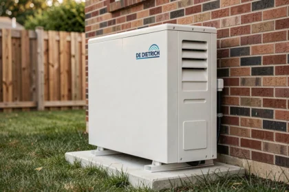 Pompe à chaleur air-eau De Dietrich Alezio S V200 installée en extérieur sur plot béton contre un mur de briques