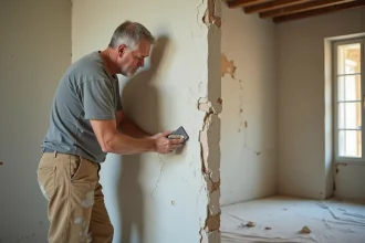 Artisan ponçant un mur ancien avec enduit de finition abîmé à l'aide d'un cale à poncer et papier abrasif grain moyen