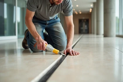 Poseur de carrelage appliquant un joint de dilatation souple sur un sol en carrelage grand format dans un hall commercial moderne