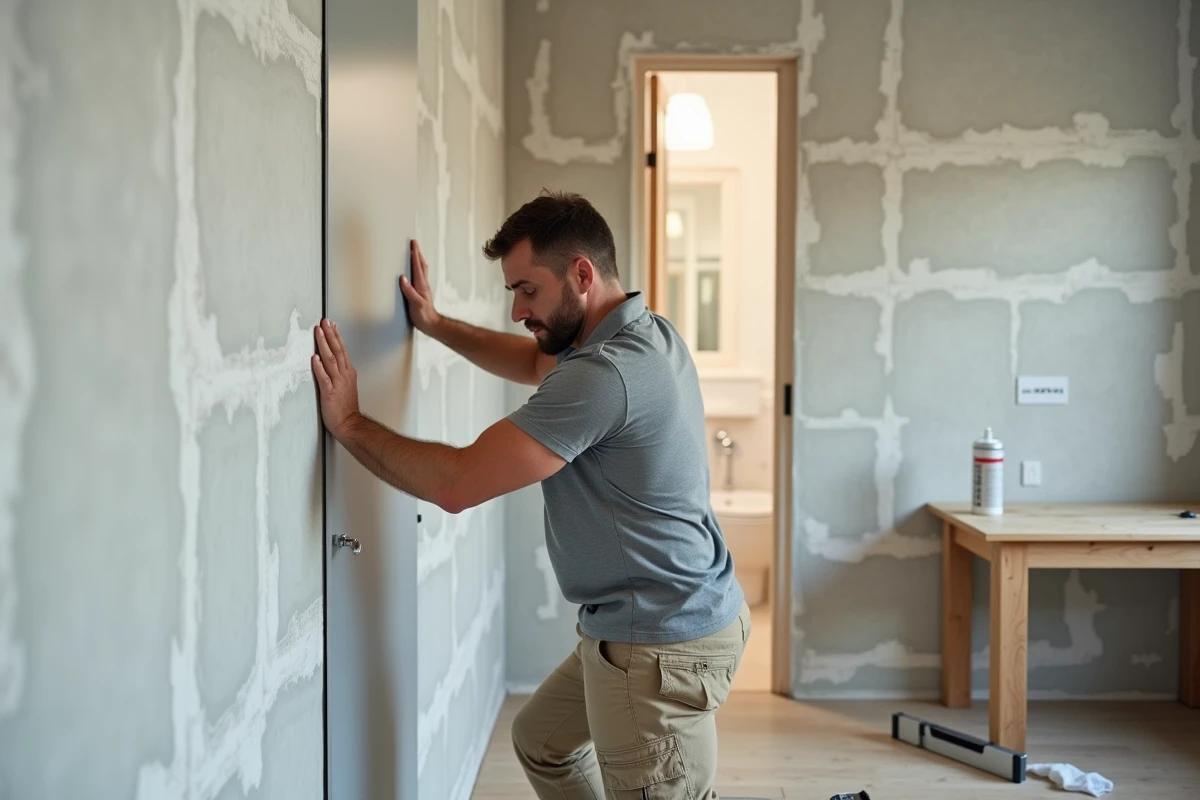 Installateur posant une plaque PVC murale étanche dans une salle de bain en cours de rénovation