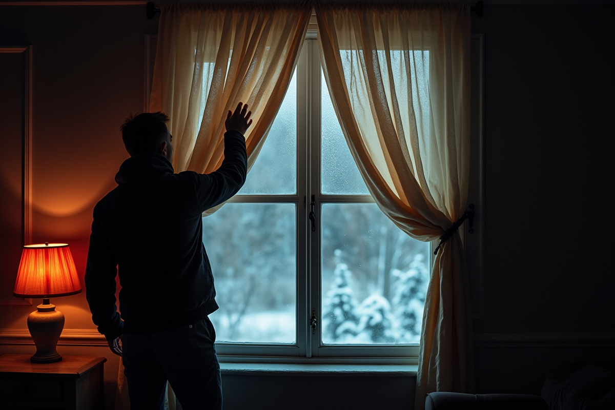Personne posant un rideau sur une fenêtre gelée dans une maison ancienne