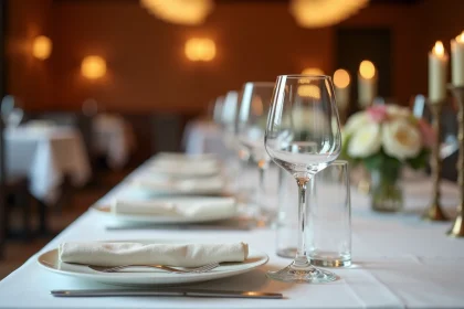 Table de restaurant élégamment dressée avec plusieurs verres à vin positionnés dans l'ordre correct selon les règles de l'art de la table