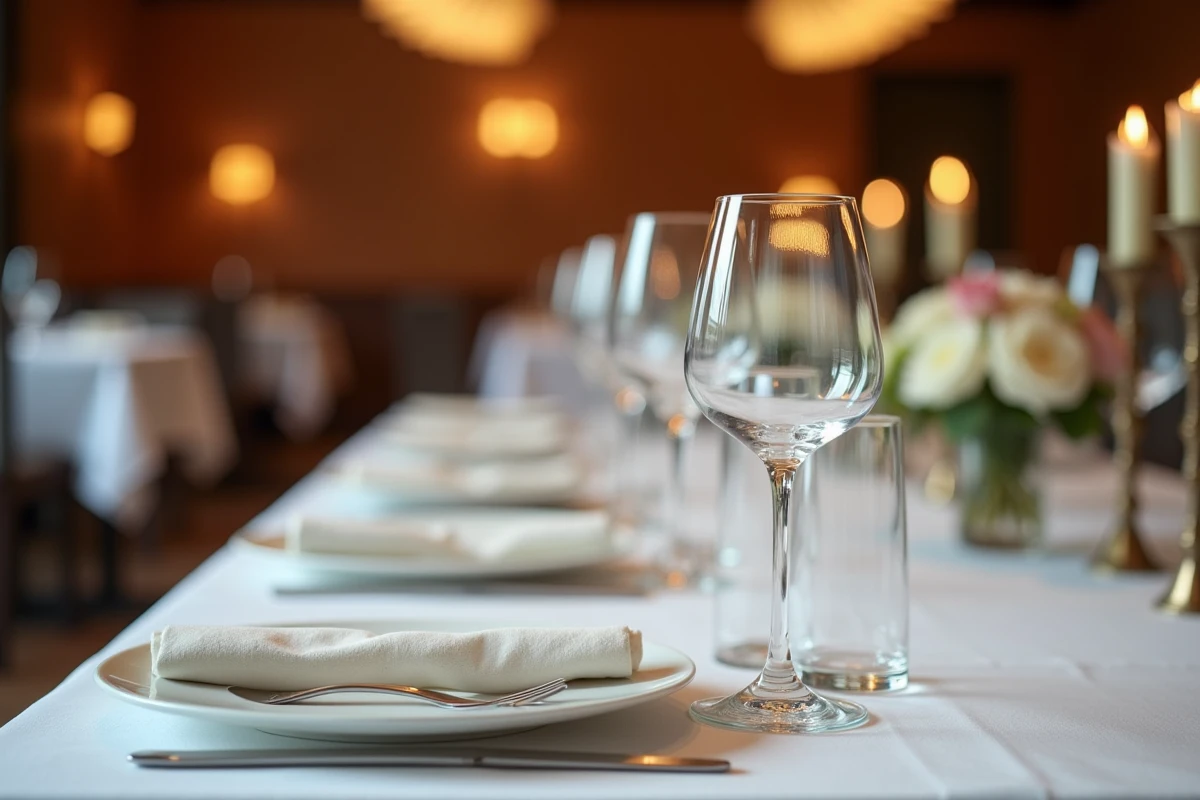 Table de restaurant élégamment dressée avec plusieurs verres à vin positionnés dans l'ordre correct selon les règles de l'art de la table