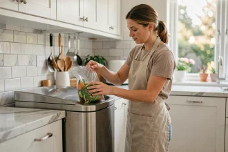 Femme utilisant une poubelle hermétique en inox dans une cuisine moderne pour éviter les vers blancs