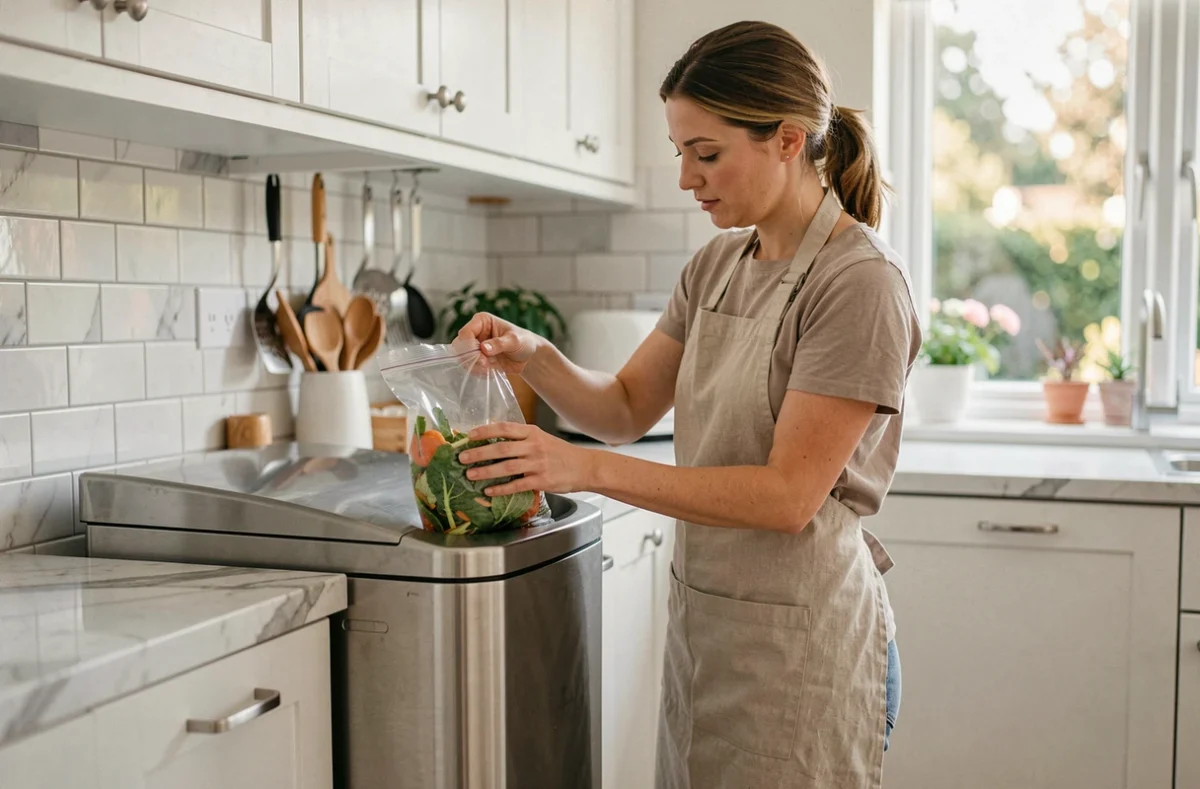 Femme utilisant une poubelle hermétique en inox dans une cuisine moderne pour éviter les vers blancs