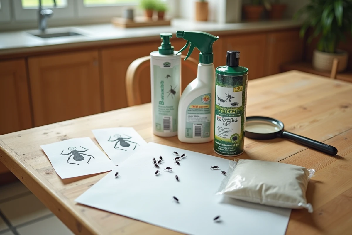 Produits de lutte contre les petits insectes noirs disposés sur une table de cuisine