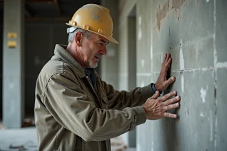 Professionnel du bâtiment examinant un mur de refend en béton brut sur un chantier de rénovation