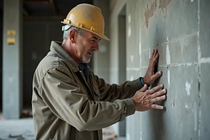 Professionnel du bâtiment examinant un mur de refend en béton brut sur un chantier de rénovation
