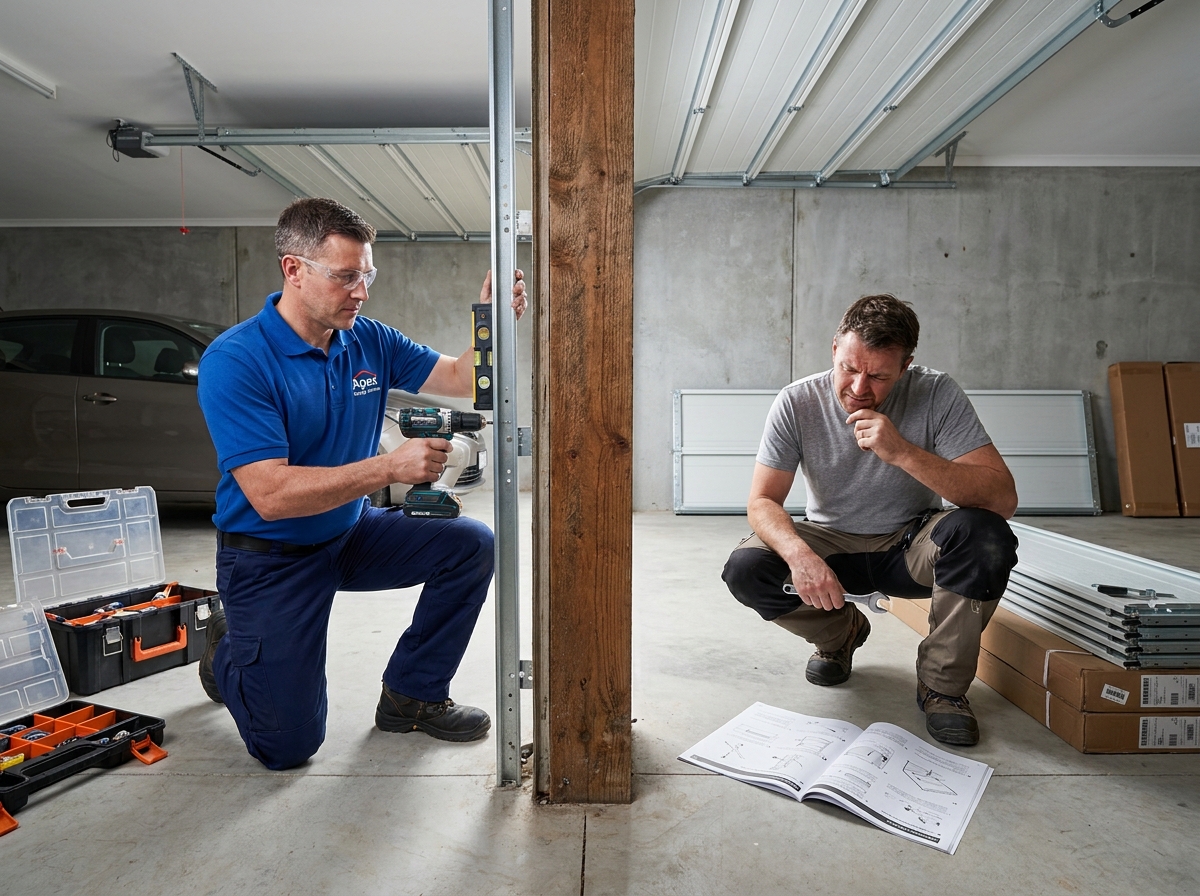 Comparaison entre un installateur professionnel et un particulier posant lui-même sa porte de garage en bricolage