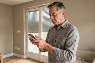 Homme programmant une télécommande Somfy face à un volet roulant dans un salon moderne